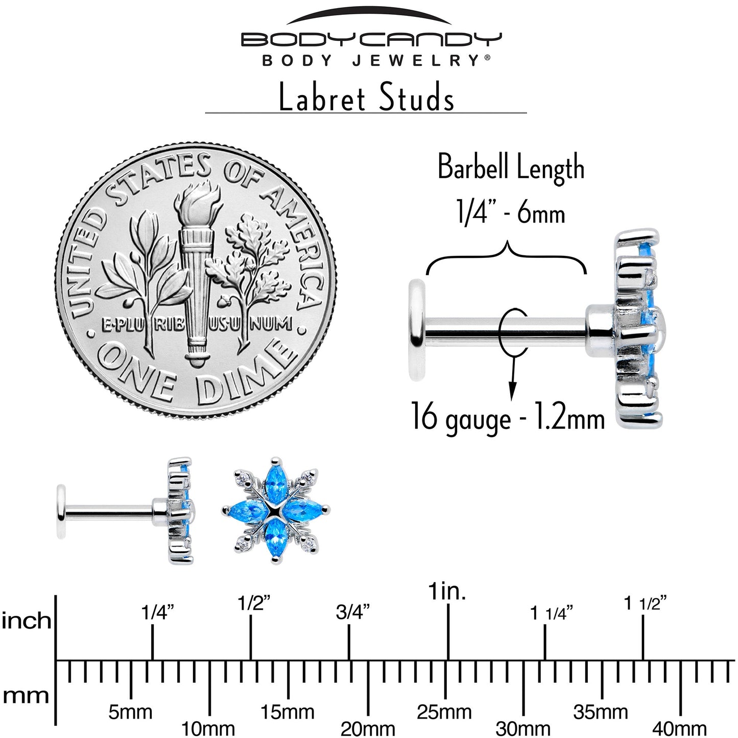 16G 1/4 Blue CZ Gem Classic Flower Flatback Stud