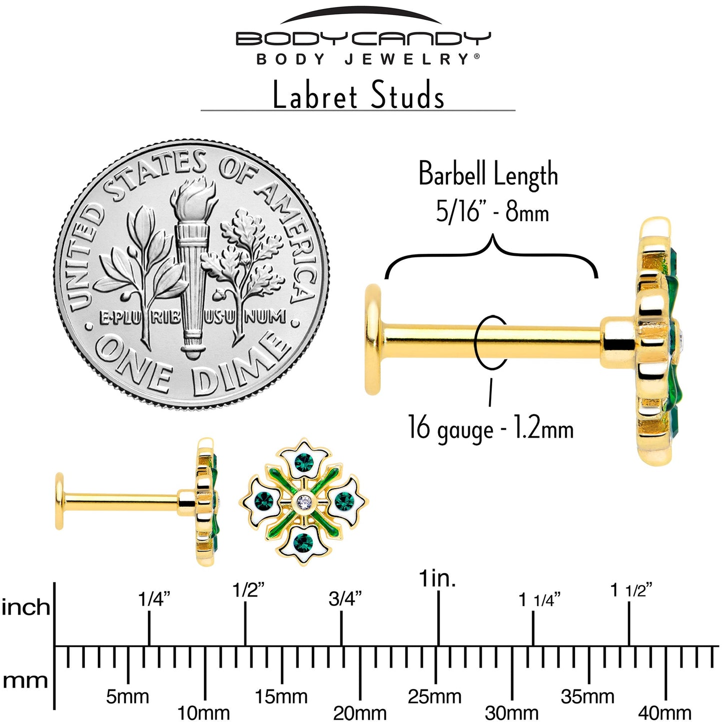 16G 5/16 Green CZ Gem Gold Tone Flower Wreath Flatback Stud