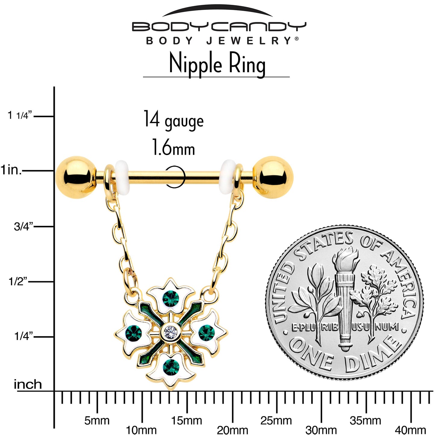 14G 9/16 Green Gem Gold Tone Flower Wreath Dangle Nipple Ring Set