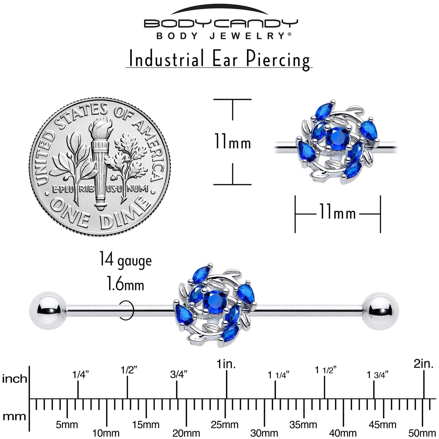 14G Blue Gem Twining Vine Industrial Barbell 38mm