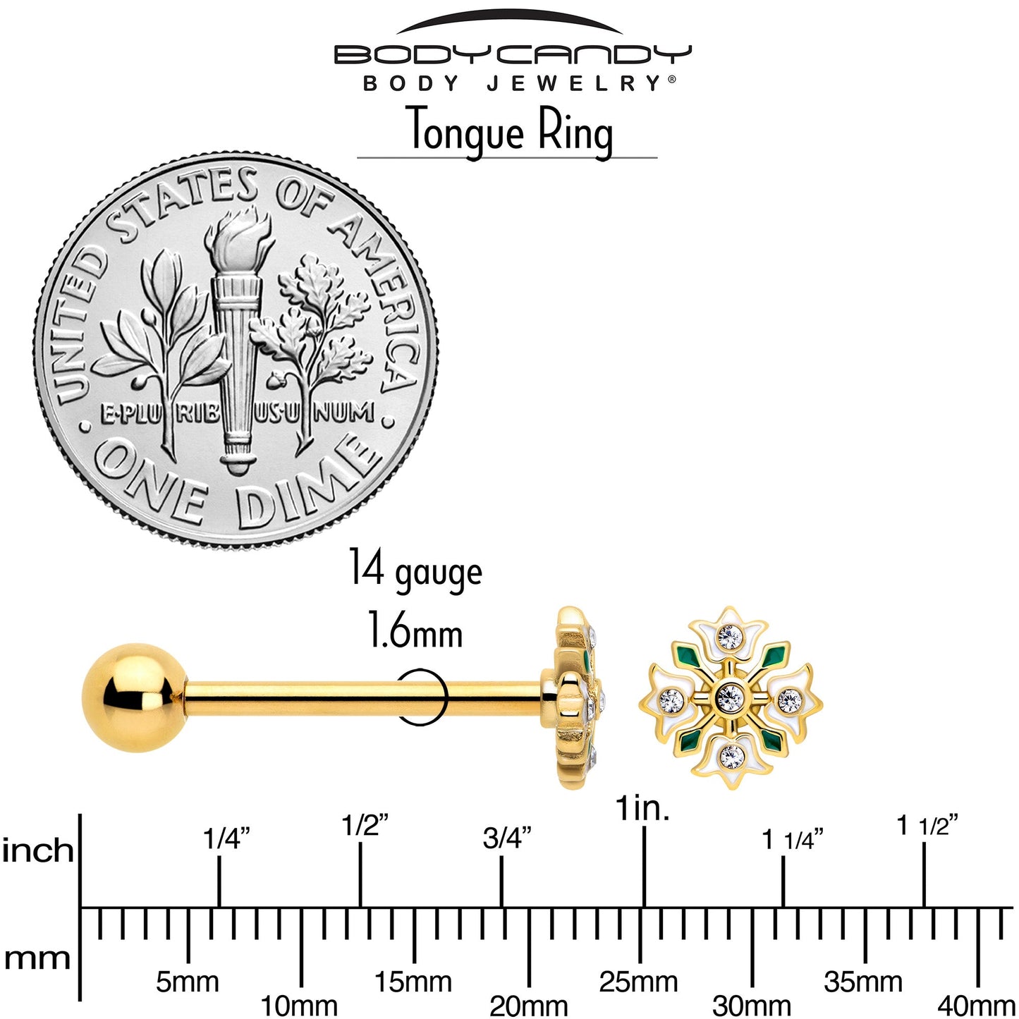 Clear Gem Gold Tone Flower Wreath Barbell Tongue Ring