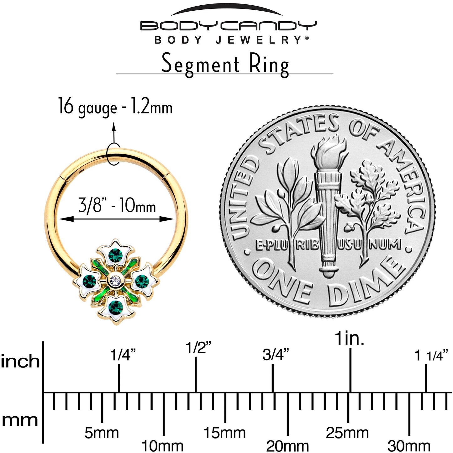 16G 3/8 Green Gem Gold Tone Flower Wreath Hinged Segment Ring