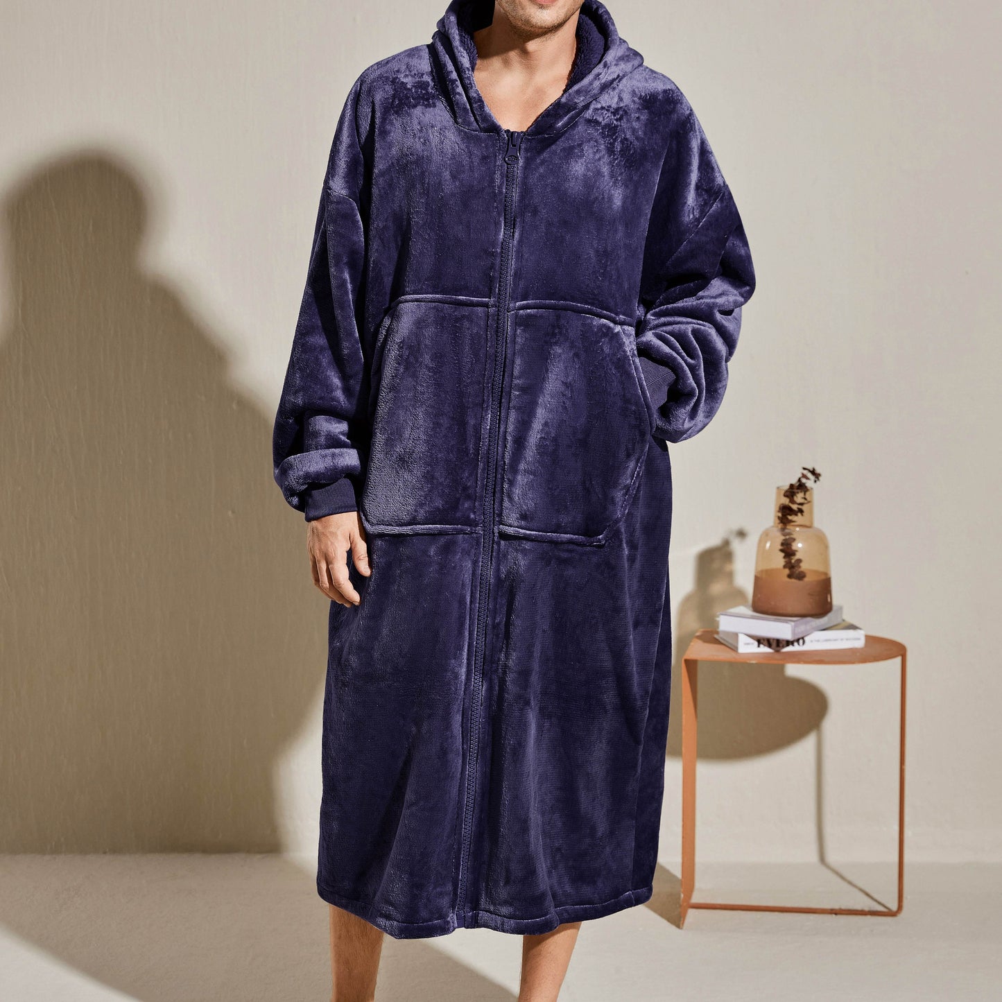 Men's Oversized Warm And Comfortable Flannel Blanket Robe, Long Sleeve Zipper Hoodie Sweatshirt Hooded Sleep Robe With Deep Pocket Pajamas Loungewear Robe For Autumn Winter
