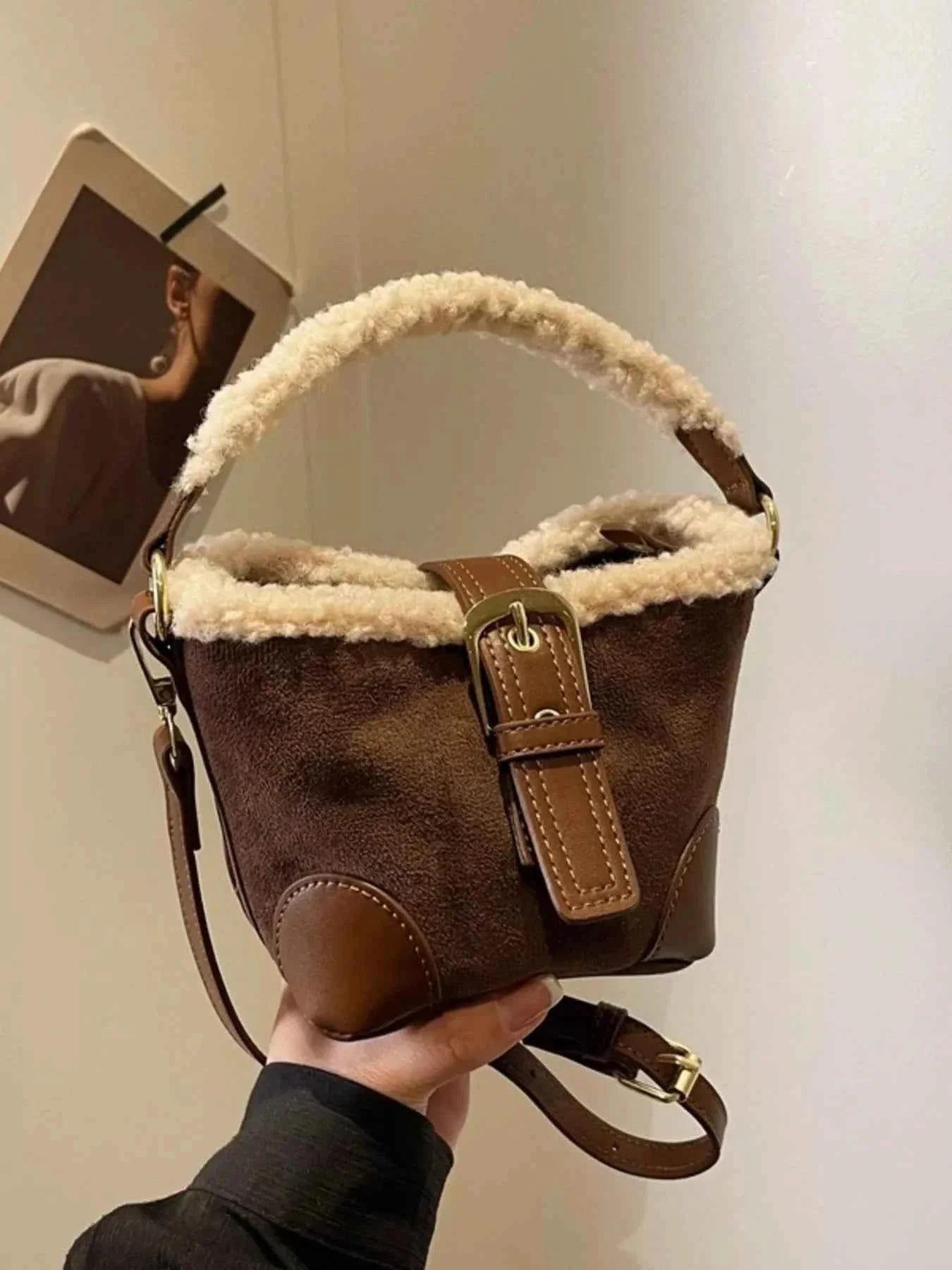Fuzzy Trim Bucket : Crossbody Bag