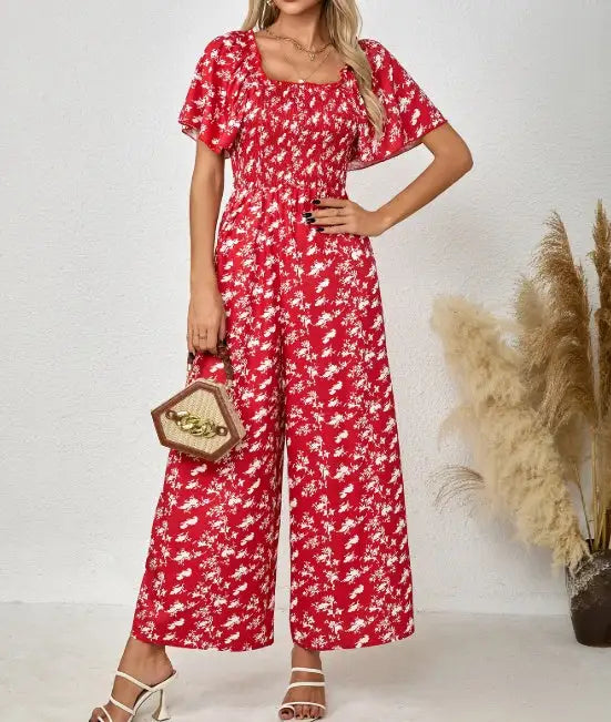 Ladies' Printed Square Neck Fashionable Loose Vacation Style Jumpsuit