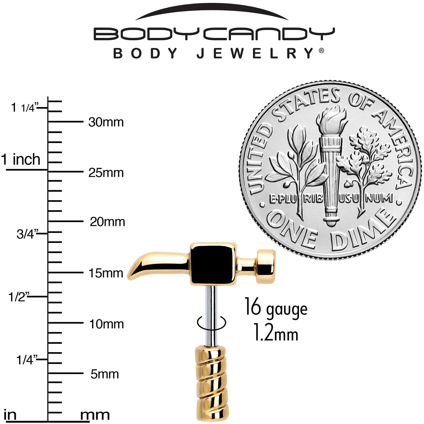 16G 1/4 Gold Tone Optical Illusion Hammer Cartilage Tragus Earring