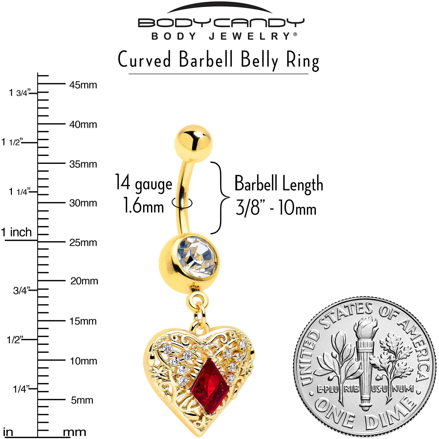 Red CZ Gem Gold Tone Heart Queen Dangle Belly Ring
