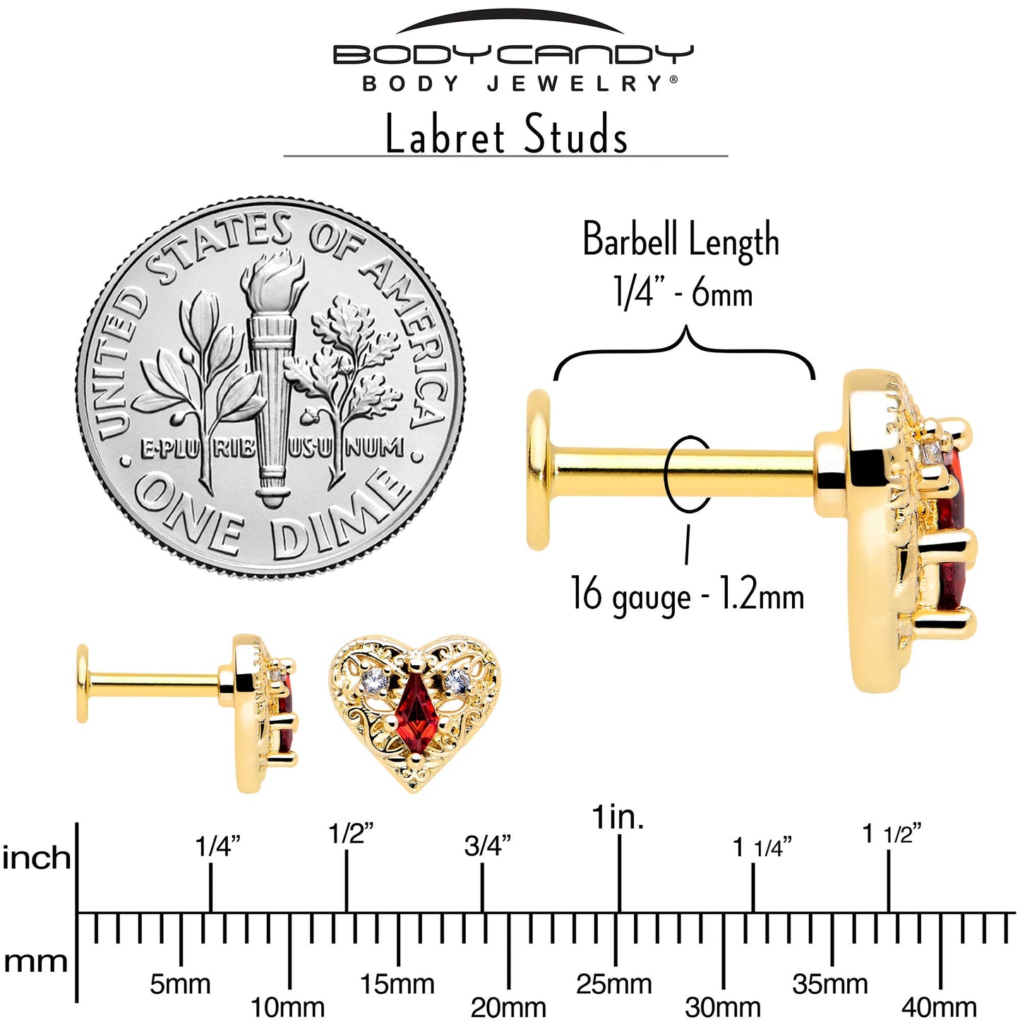16G 1/4 Red CZ Gem Gold Tone Heart Queen Flatback Stud