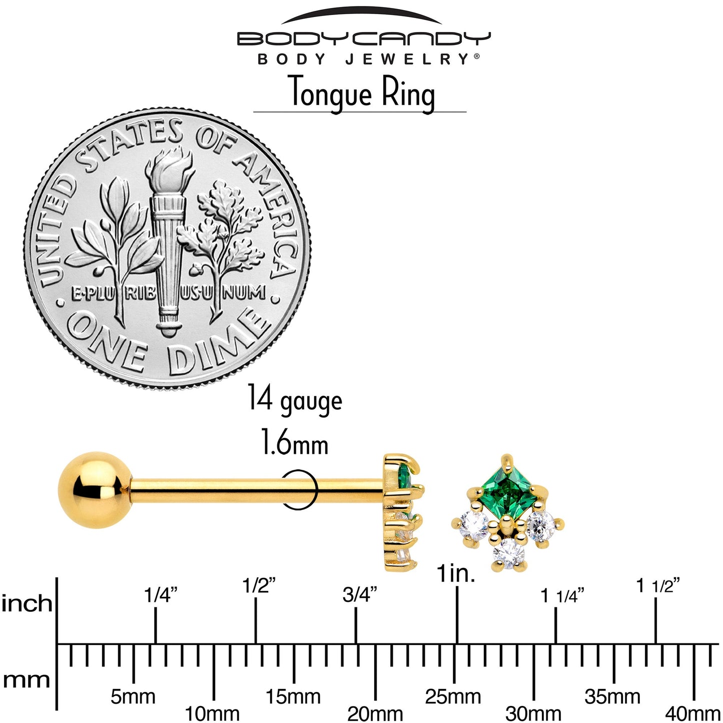 Green CZ Gem Gold Tone Rhombus Riot Barbell Tongue Ring