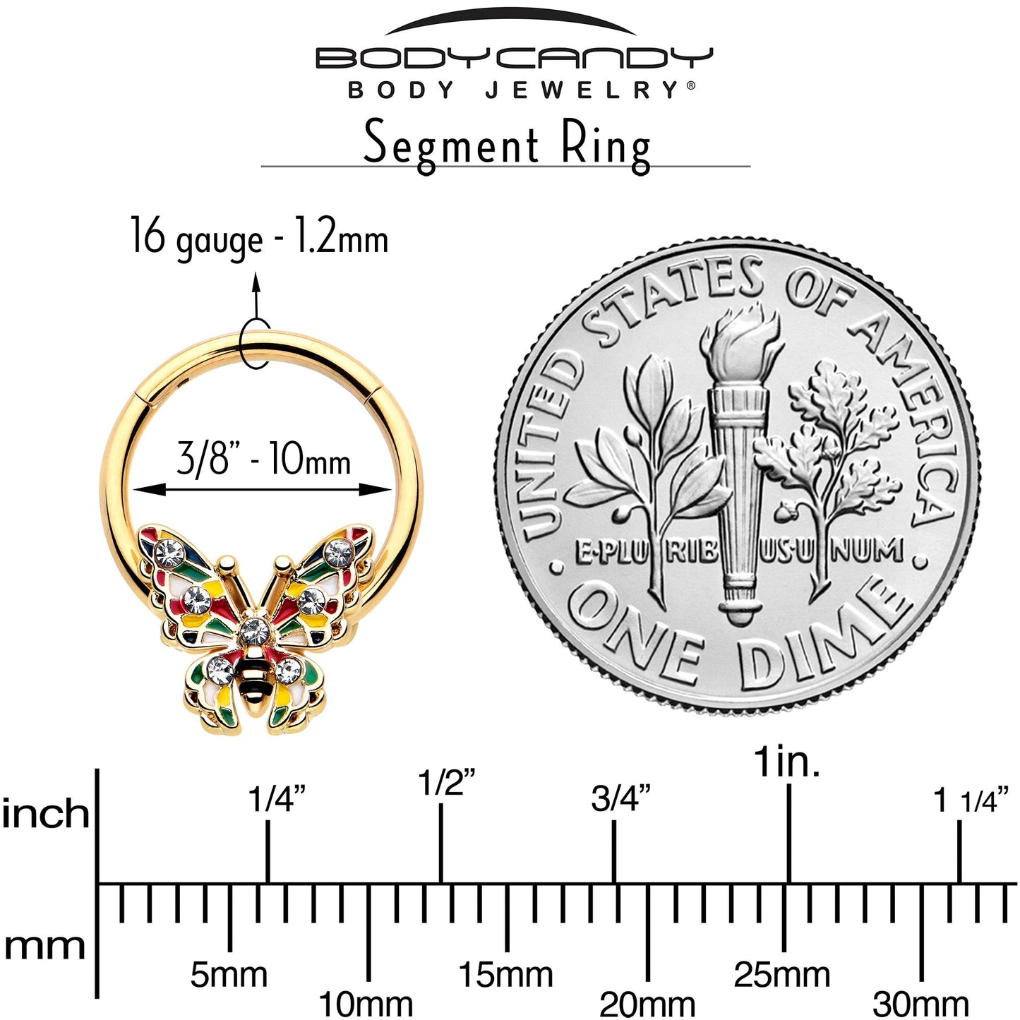 16G 3/8 Clear Gem Gold Tone Color Block Butterfly Hinged Segment Ring