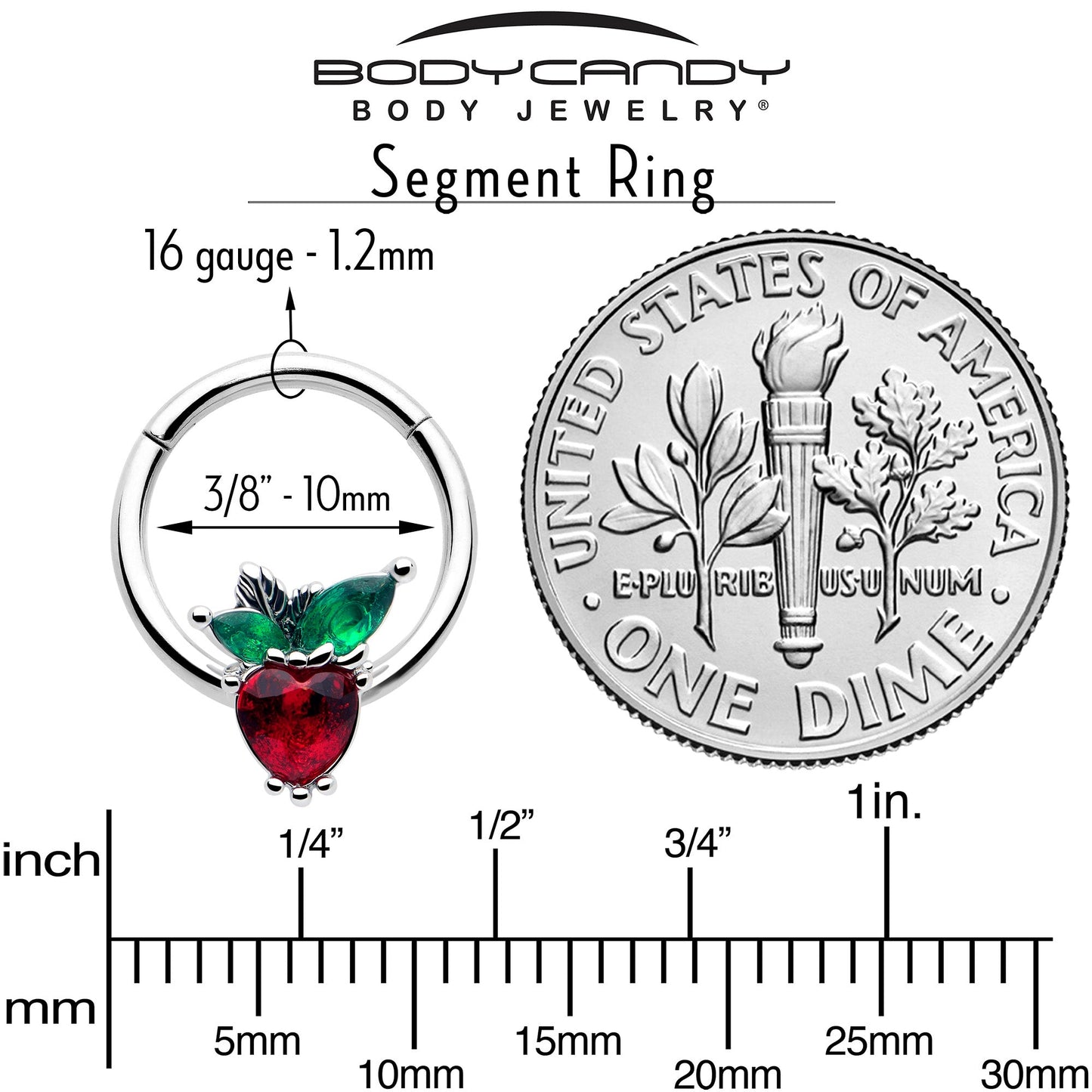16G 3/8 Red Green Gem Strawberry Heart Hinged Segment Ring