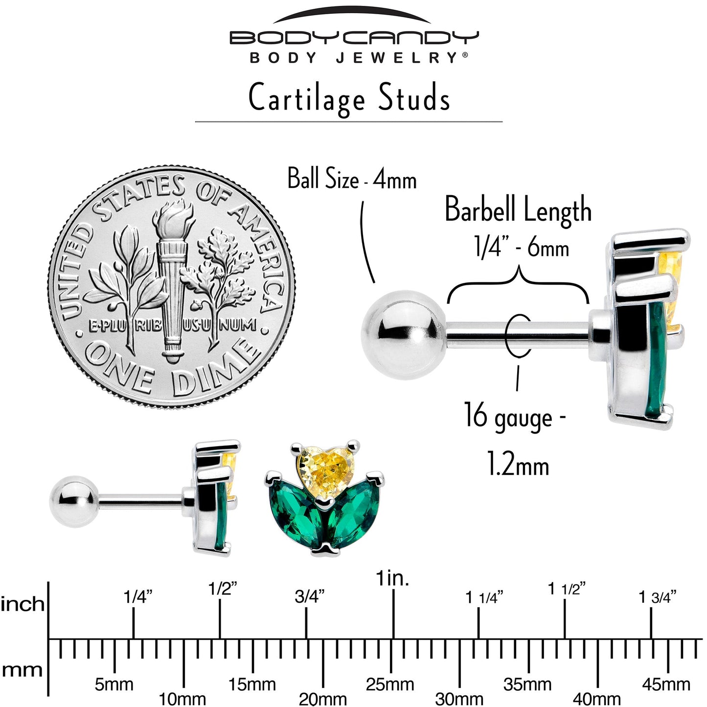 16G 1/4 Yellow Green CZ Gem Love Flower Cartilage Tragus Earring