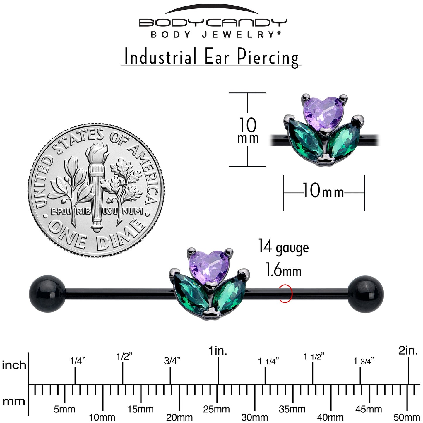 14G Purple Green CZ Gem Black Love Flower Industrial Barbell 38mm