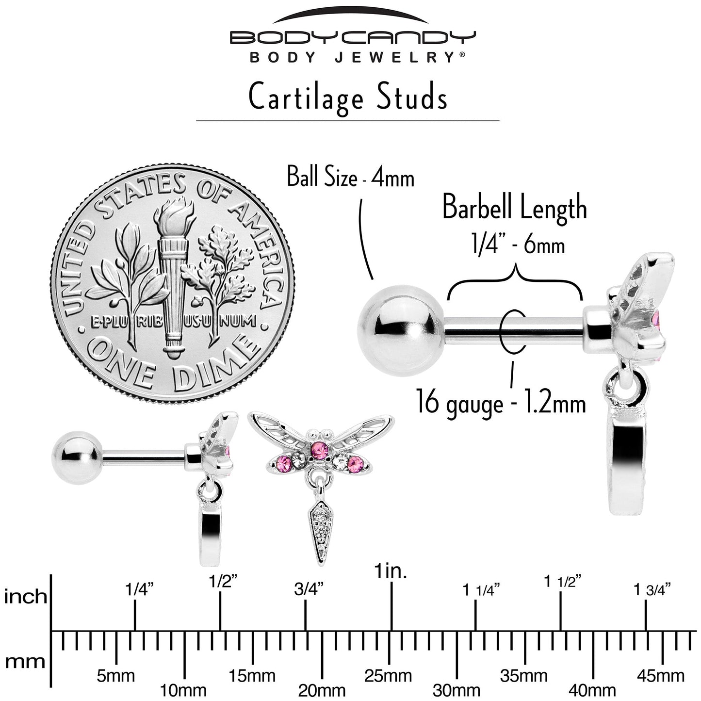 16G 1/4 Pink Gem Swank Dragonfly Dangle Cartilage Earring