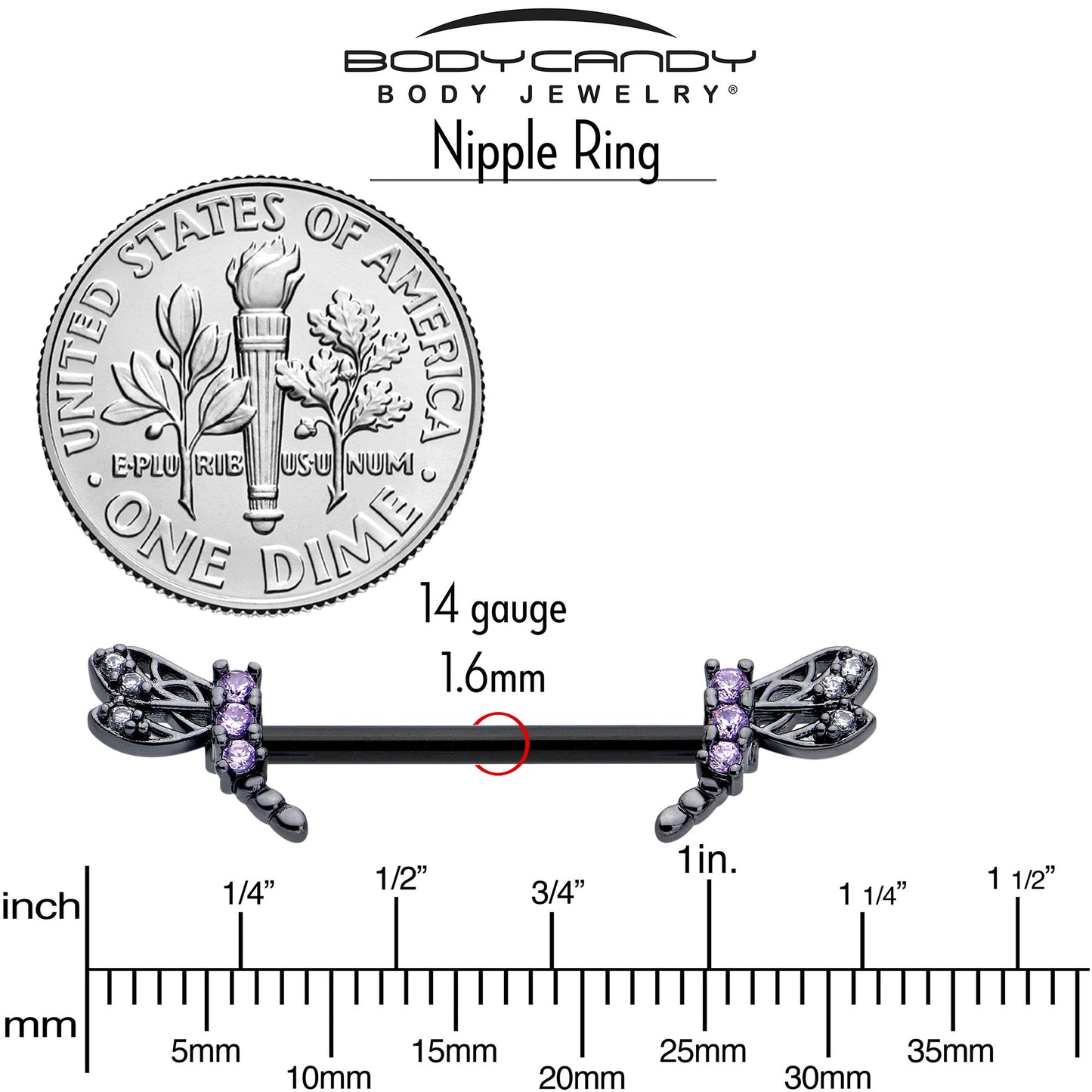 14G 9/16 Purple CZ Gem Black Night Dragonfly Barbell Nipple Ring Set