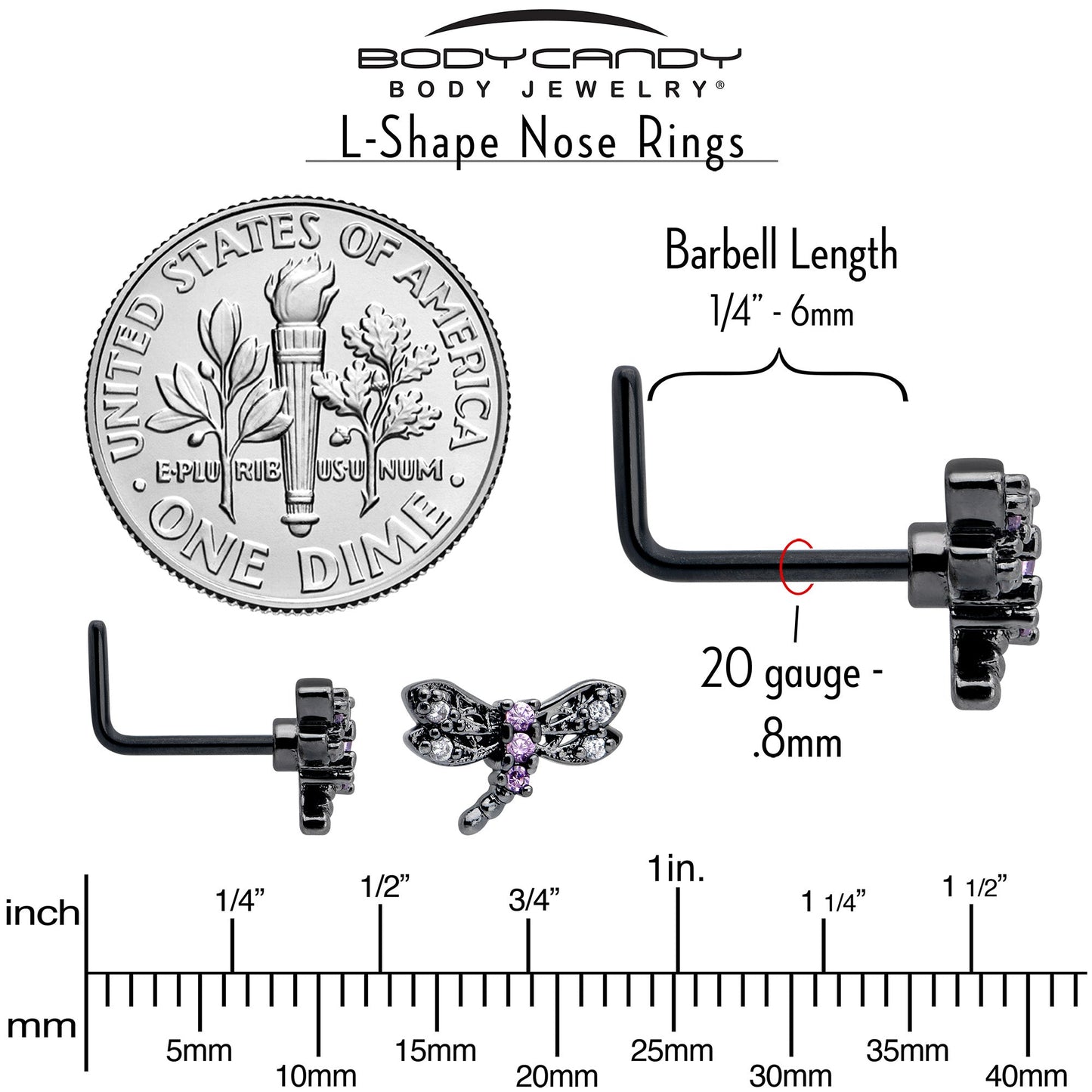 20G 7mm Purple CZ Gem Black Night Dragonfly L Shape Nose Ring