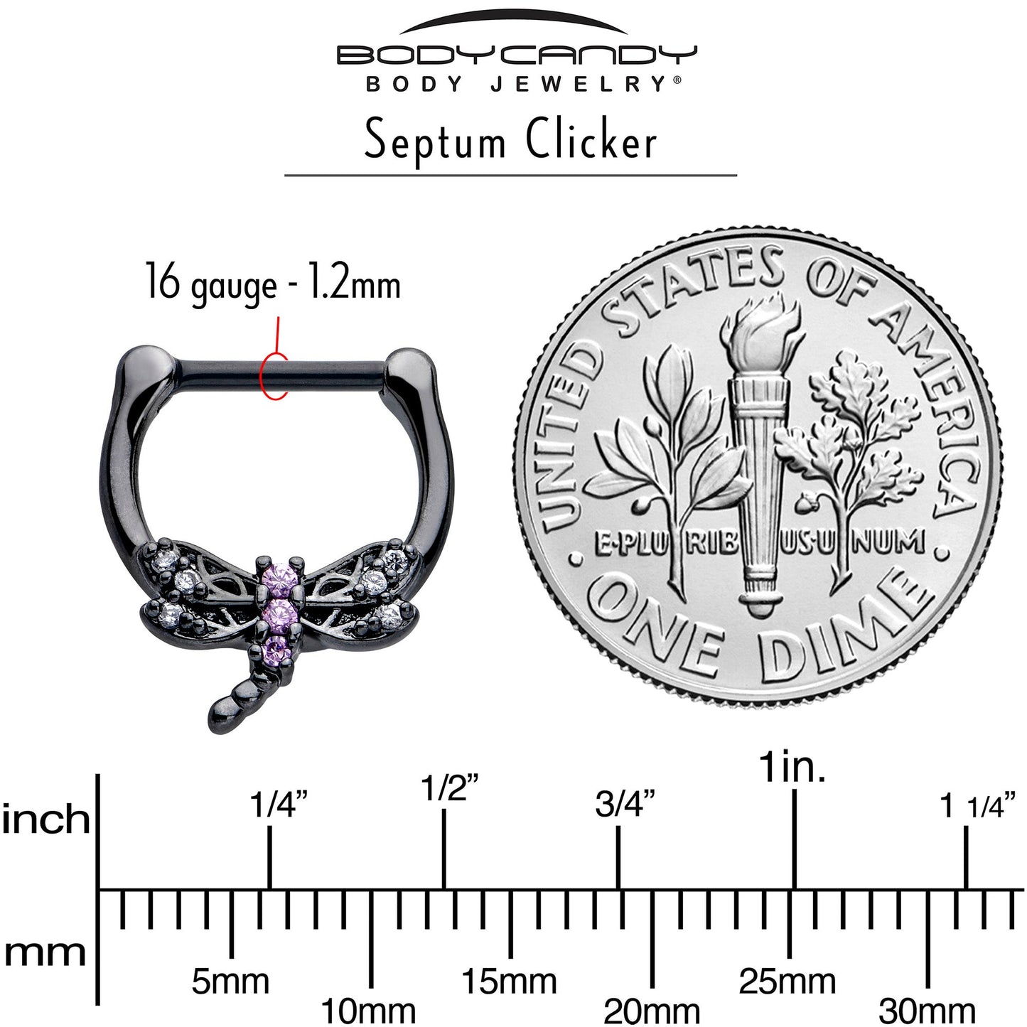 16G 5/16 Purple CZ Gem Black Night Dragonfly Cartilage Clicker