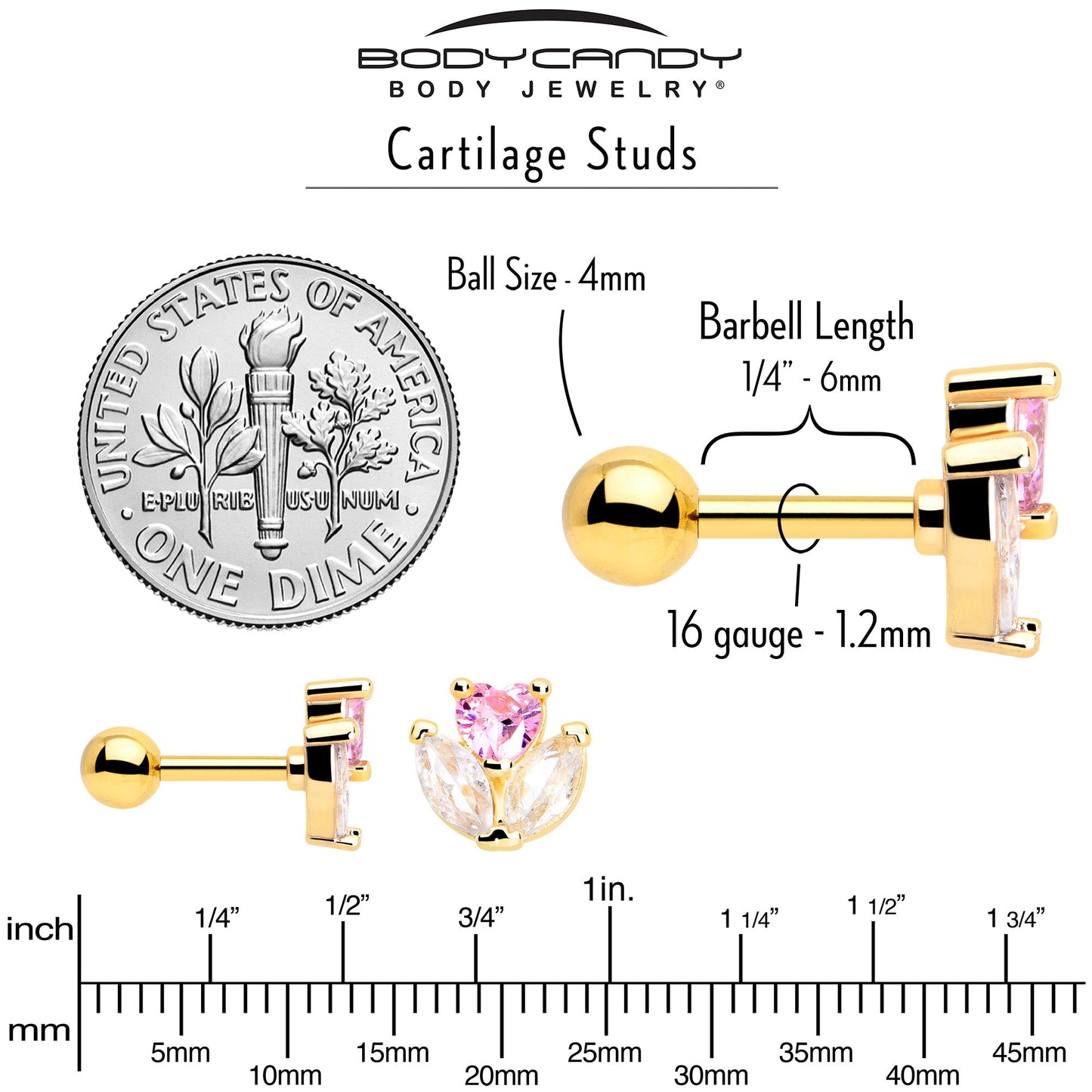 16G 1/4 Pink CZ Gem Gold Tone Love Flower Cartilage Tragus Earring