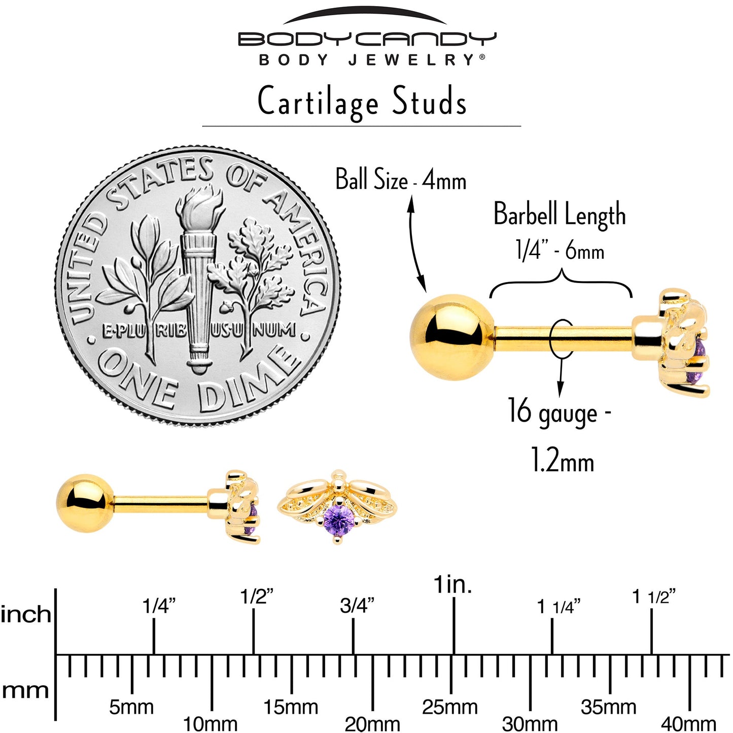 16G 1/4 Purple Gem Gold Tone Beauty Bug Cartilage Tragus Earring