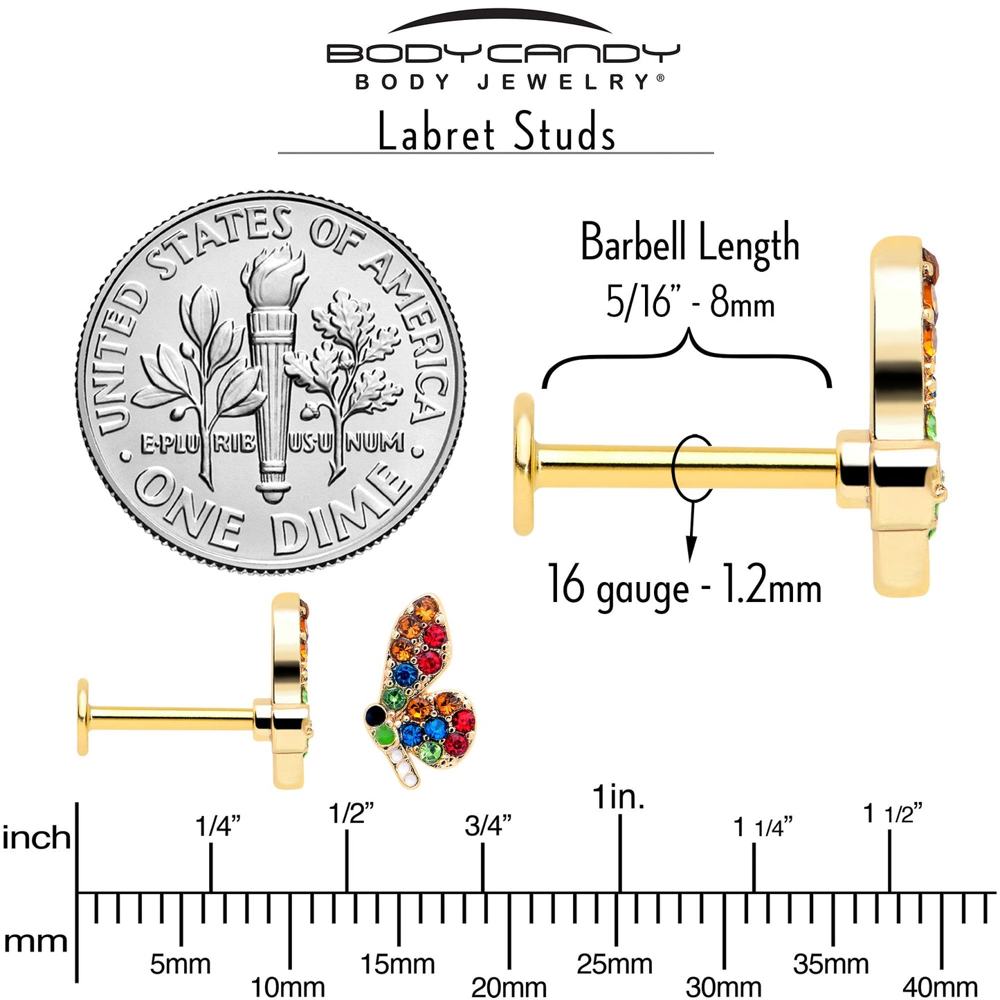 16G 5/16 Red Blue Gem Gold Tone Butterfly Labret Monroe Tragus