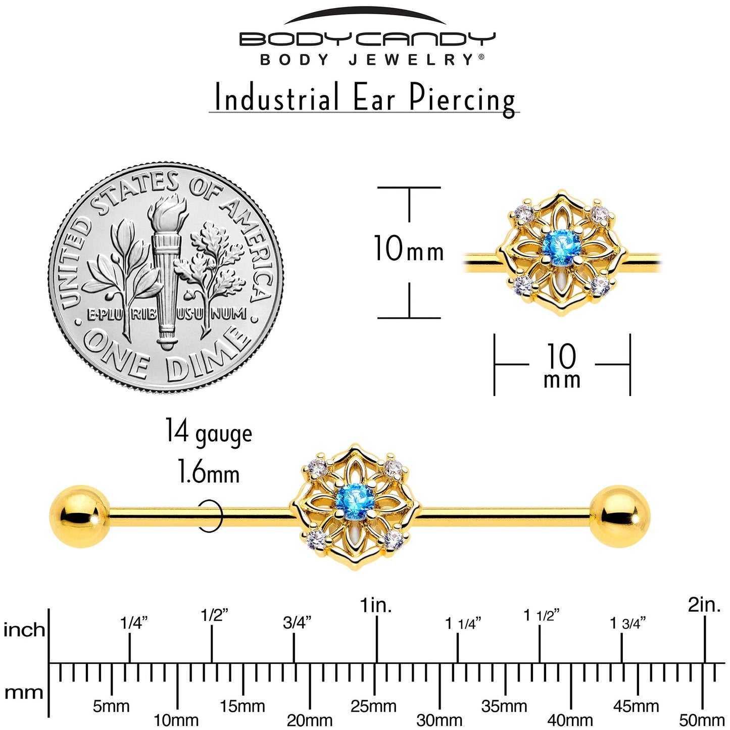 14G Blue CZ Gem Gold Tone Flower Ring Industrial Barbell 38mm