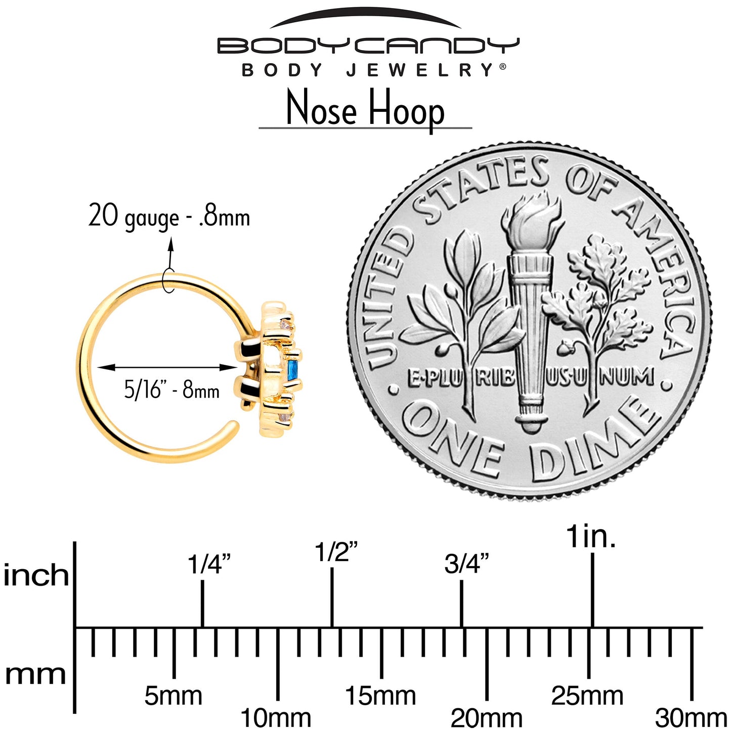 20G 5/16 Blue CZ Gem Gold Tone Flower Ring Nose Hoop