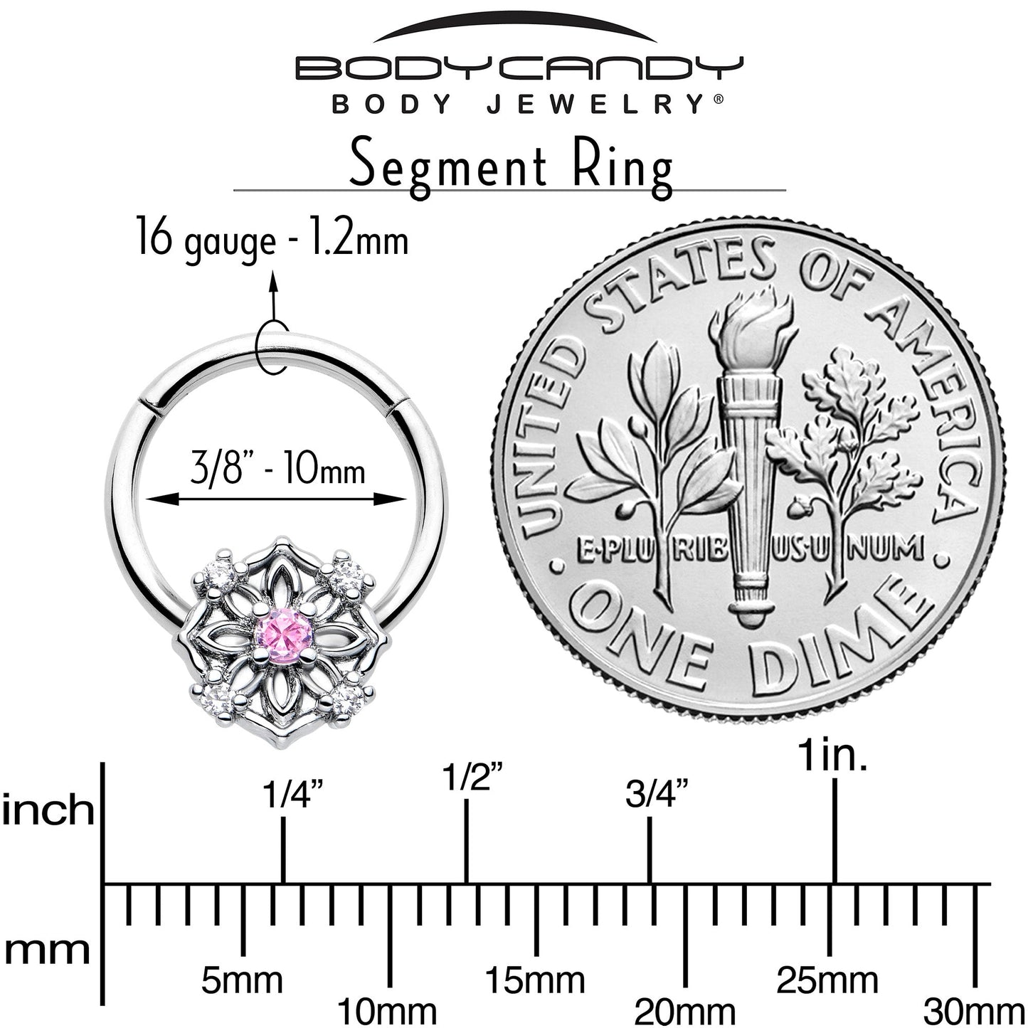 16G 3/8 Pink CZ Gem Flower Circle Hinged Segment Ring