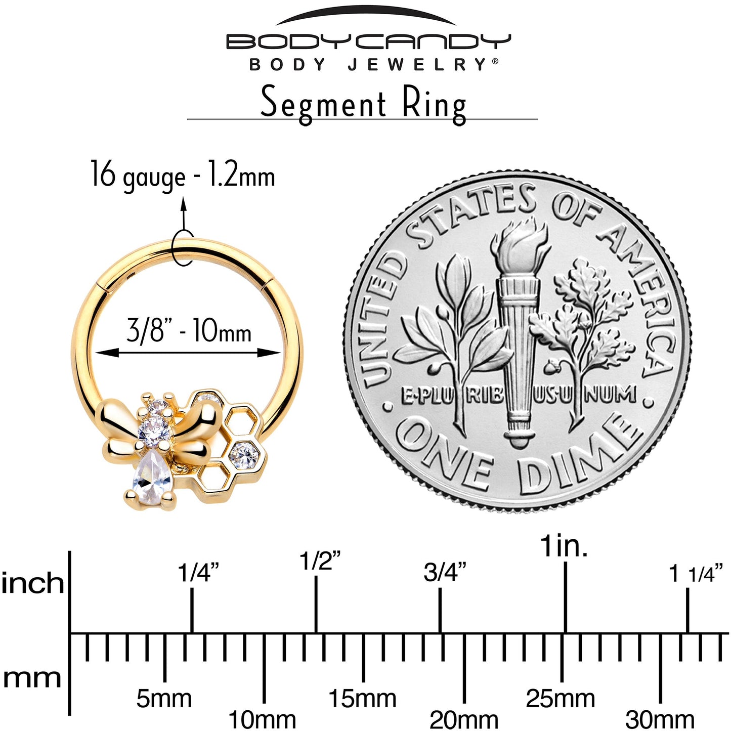 16G 3/8 Clear CZ Gem Gold Tone Bee Hive Luv Hinged Segment Ring