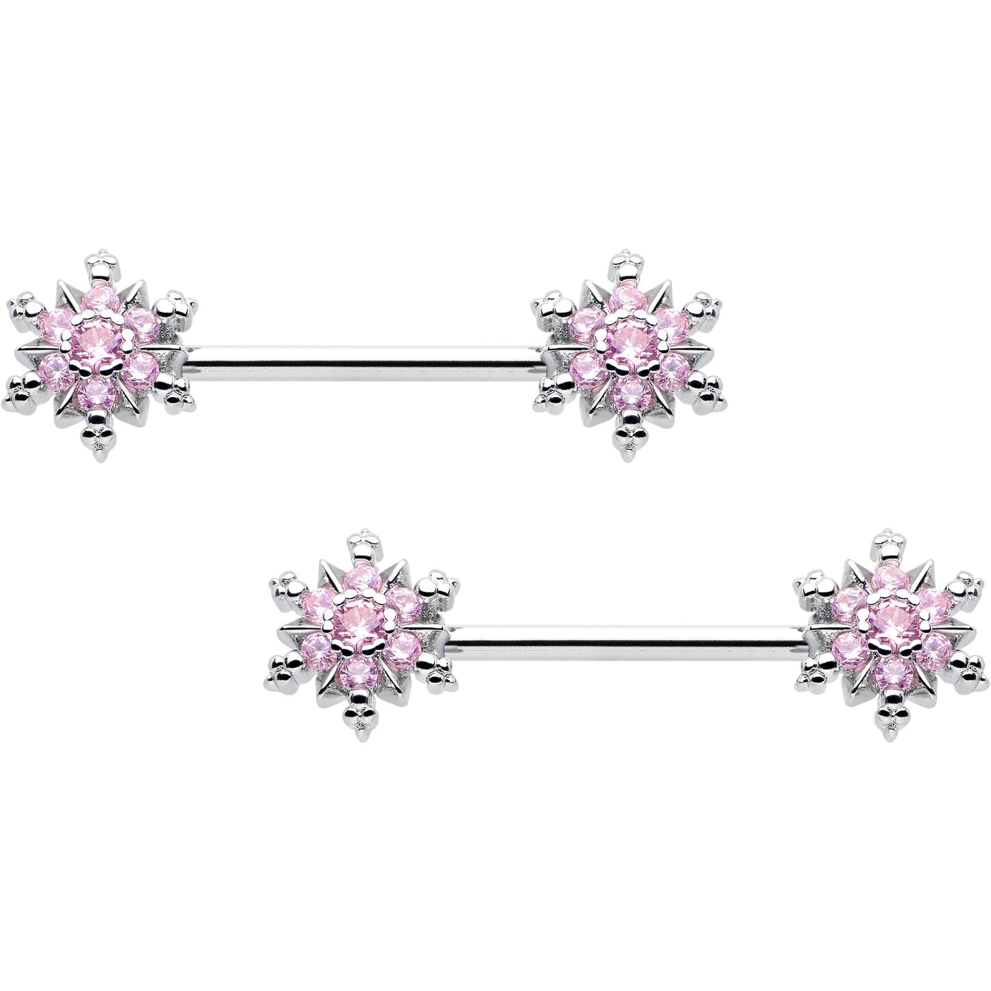 14G 9/16 Pink CZ Gem Snowflake Glam Barbell Nipple Ring Set