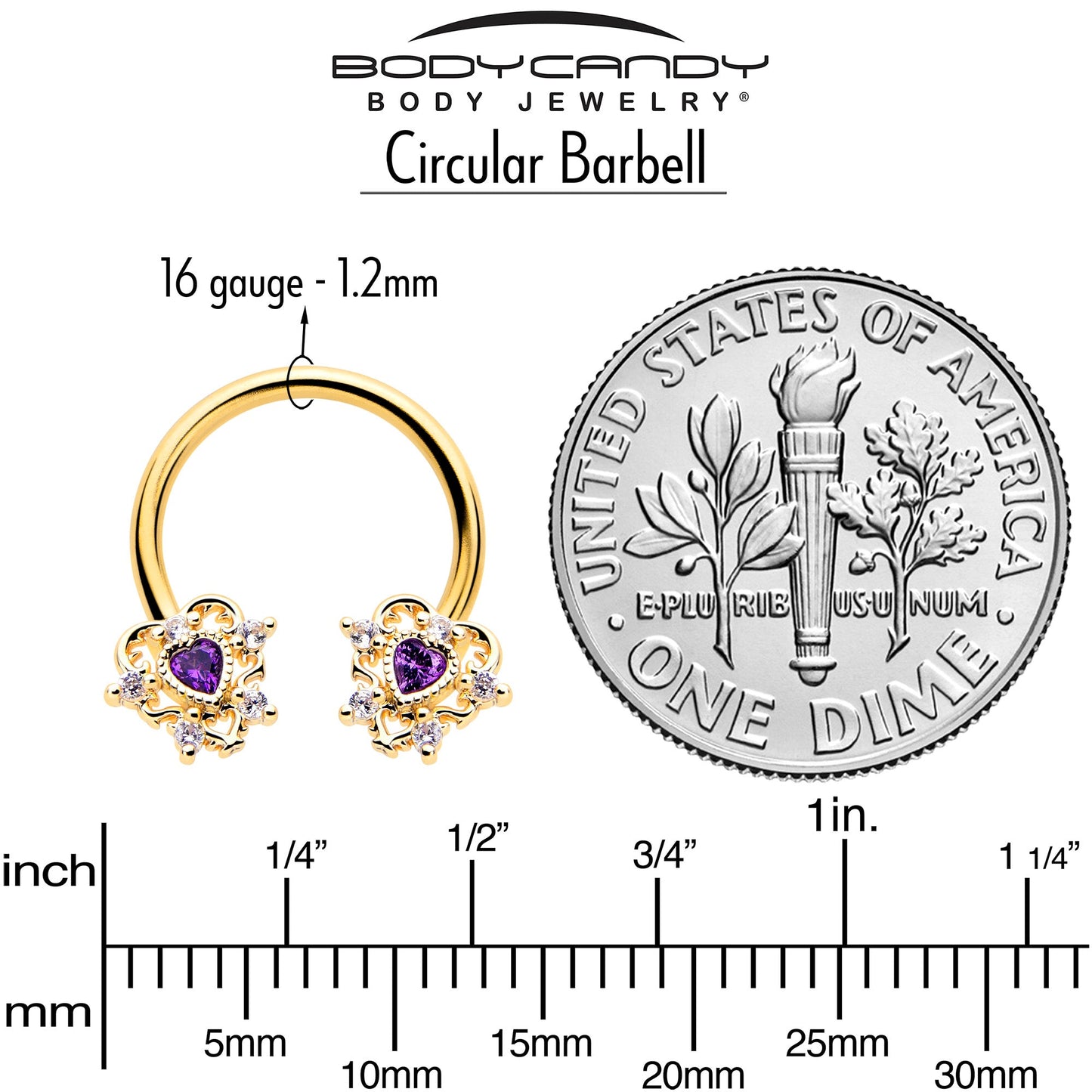 16G 3/8 Purple CZ Gem Gold Tone Heart of Love Horseshoe