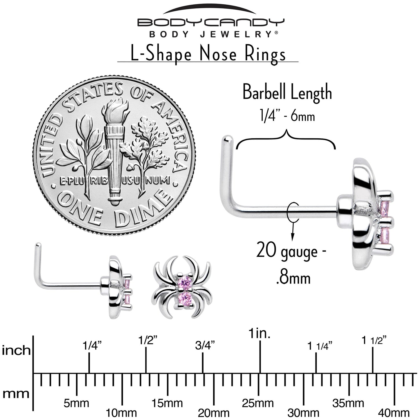 20G 7mm Pink CZ Gem Sleek Spider L Shape Nose Ring