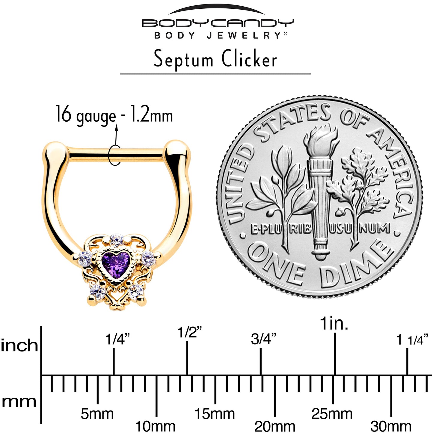 16G 5/16 Purple CZ Gem Gold Tone Heart of Love Cartilage Clicker