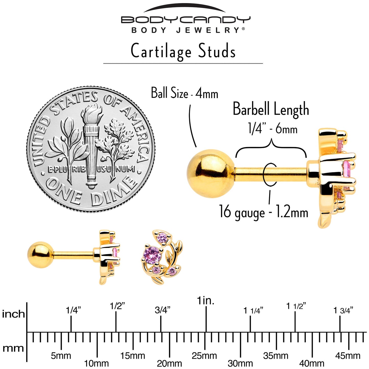 16G 1/4 Pink Gem Gold Tone Twining Vine Cartilage Tragus Earring