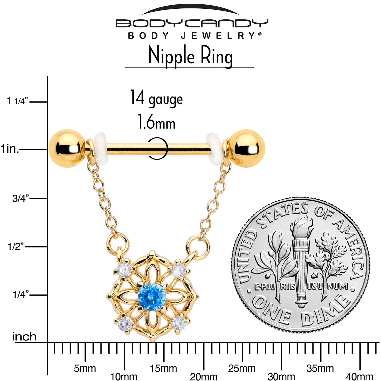 14G 9/16 Blue CZ Gem Gold Tone Flower Ring Dangle Nipple Ring Set