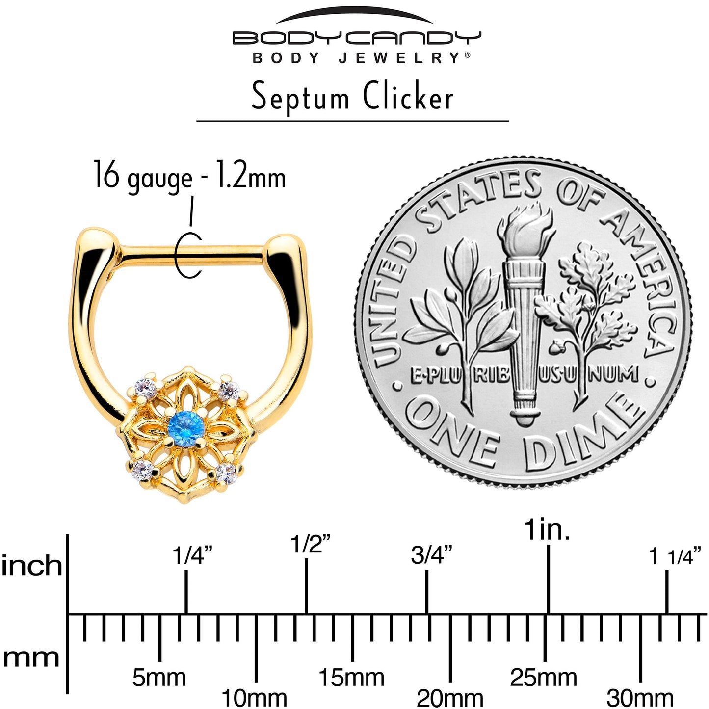 16G 5/16 Blue CZ Gem Gold Tone Flower Ring Cartilage Clicker