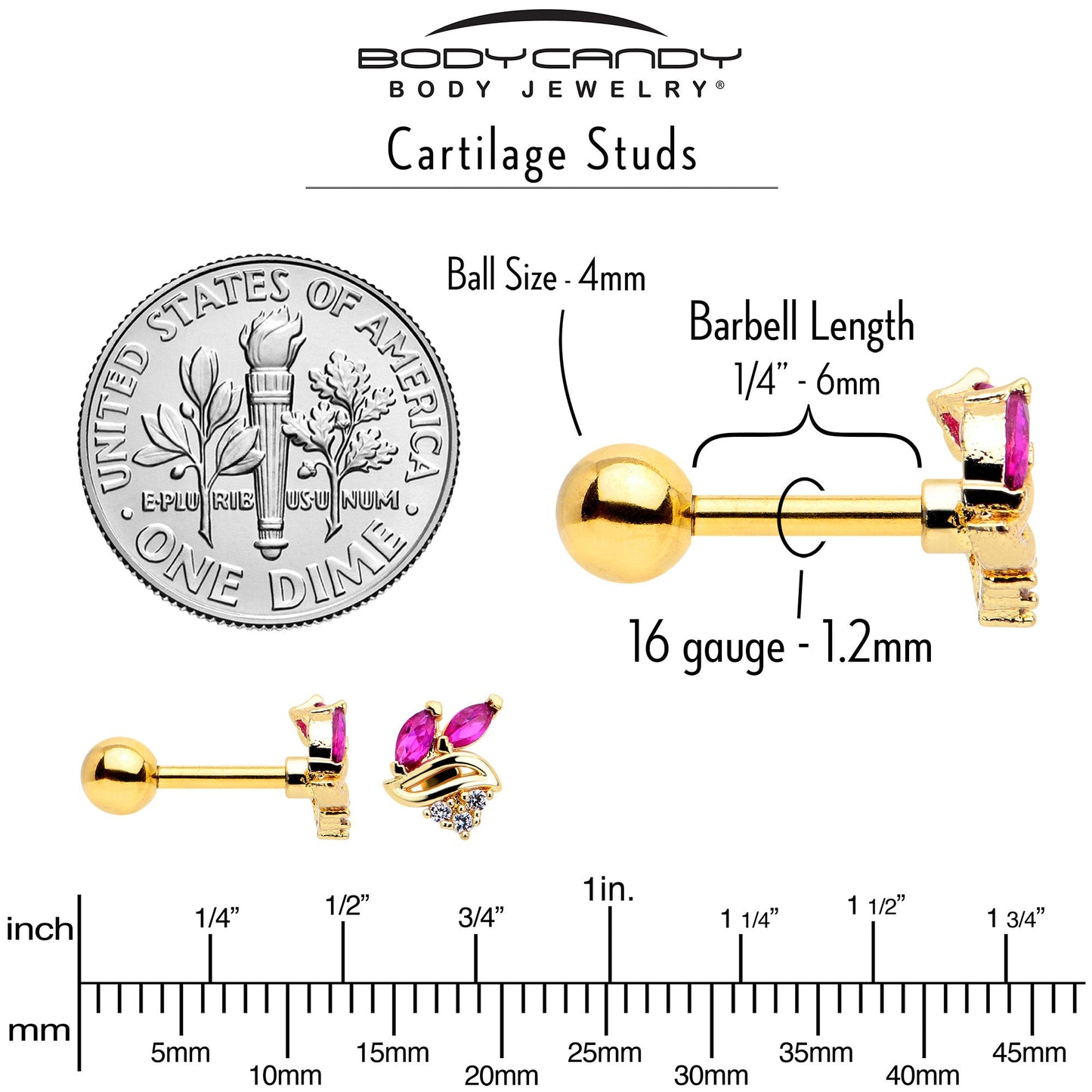 16G 1/4 Red CZ Gem Gold Tone Swirl Fan Cartilage Tragus Earring