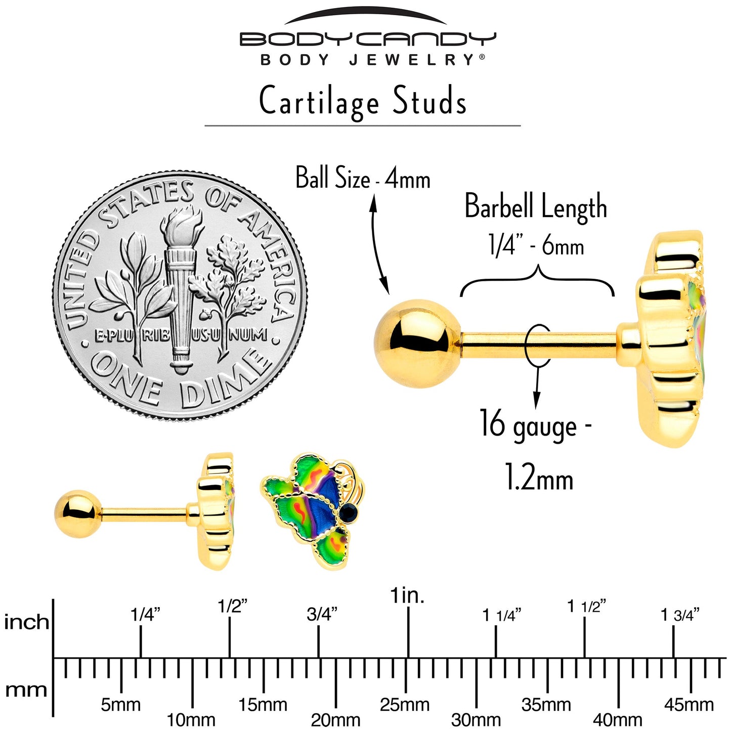 16G 1/4 Blue Gem Gold Tone Butterfly Colors Cartilage Tragus Earring