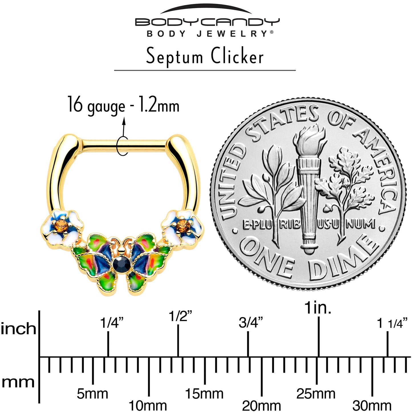 16G 5/16 Blue Gem Gold Tone Butterfly Colors Cartilage Clicker