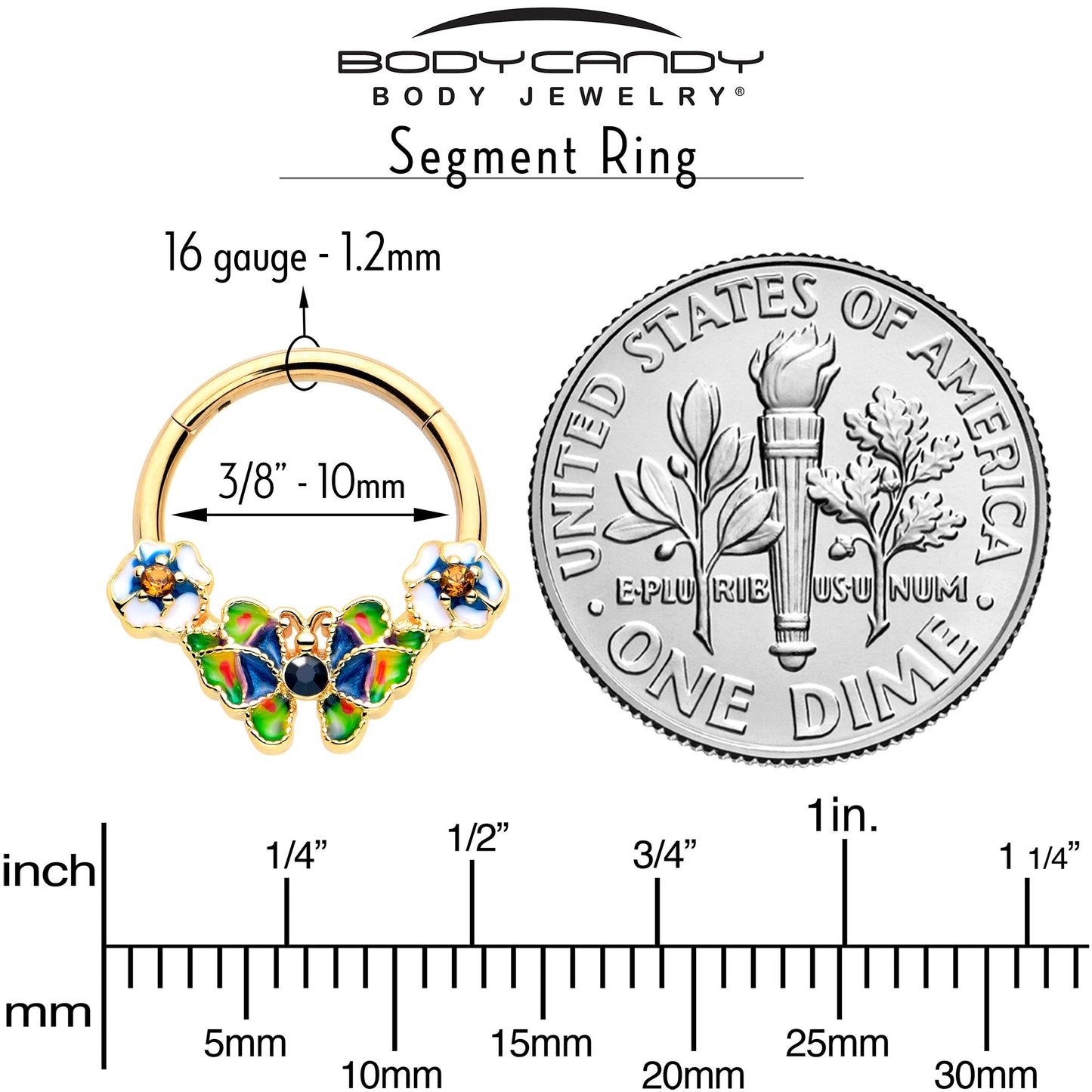 16G 3/8 Blue Gem Gold Tone Butterfly Colors Hinged Segment Ring