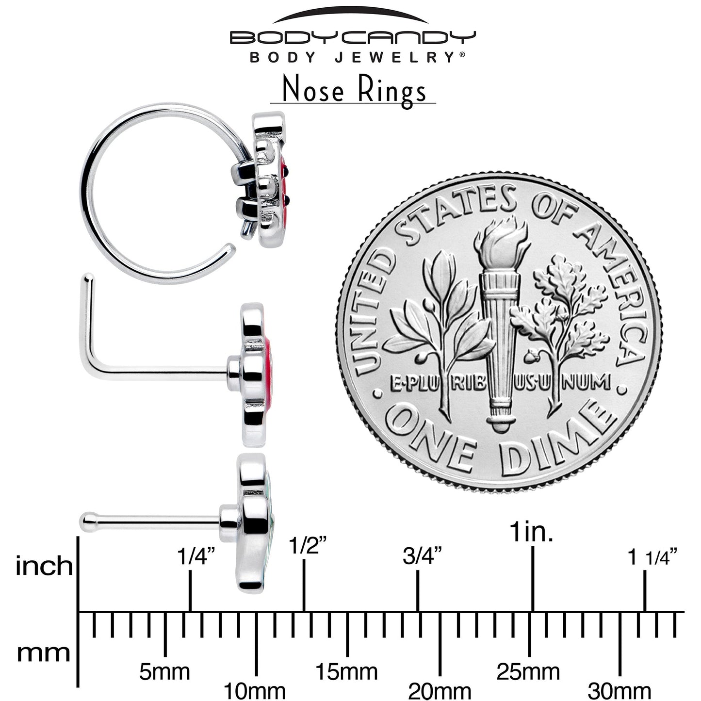 20G Ladybug Hippie Flower Nose Ring Set of 3