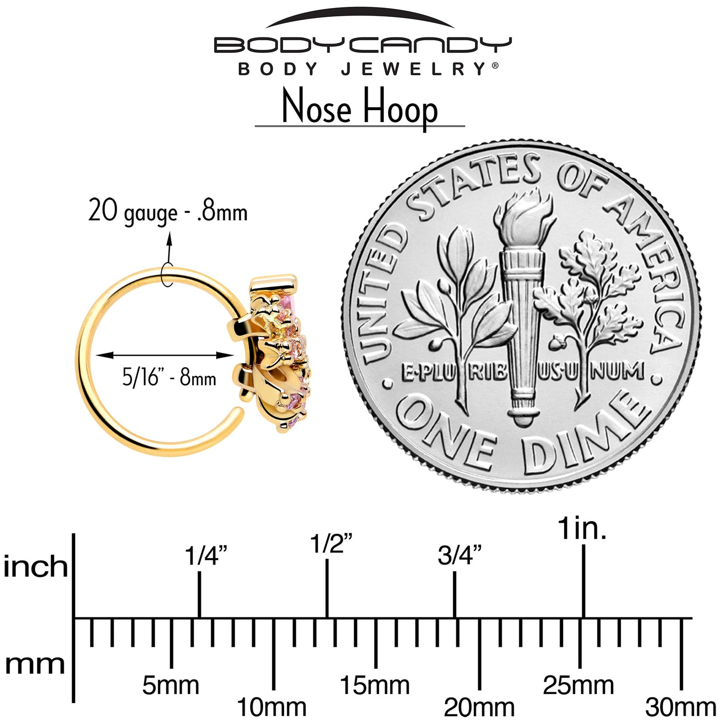 20G 5/16 Pink CZ Gem Gold Tone Abstract Ribbon Nose Hoop