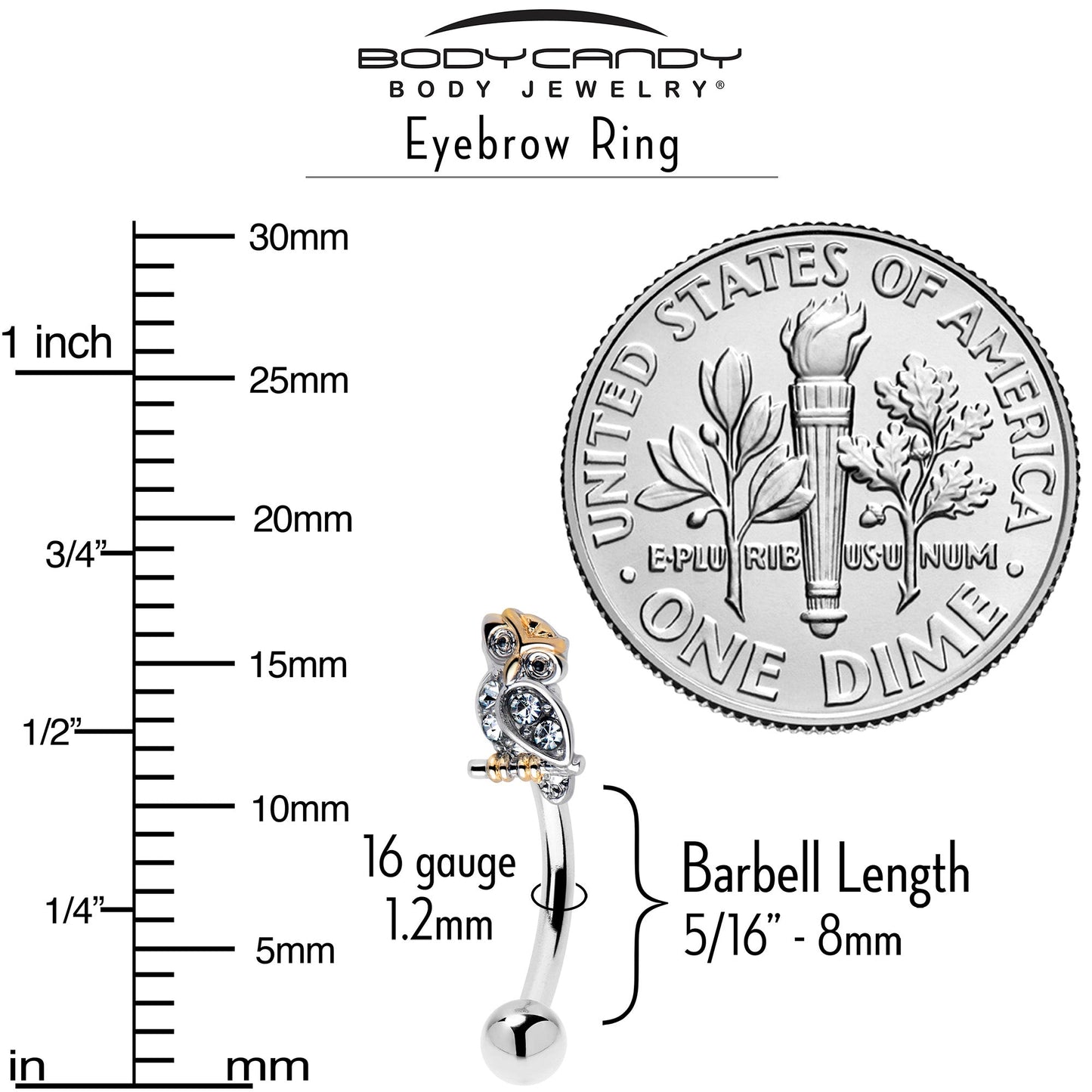 16G 5/16 Clear Gem Evening Owl Curved Eyebrow Ring