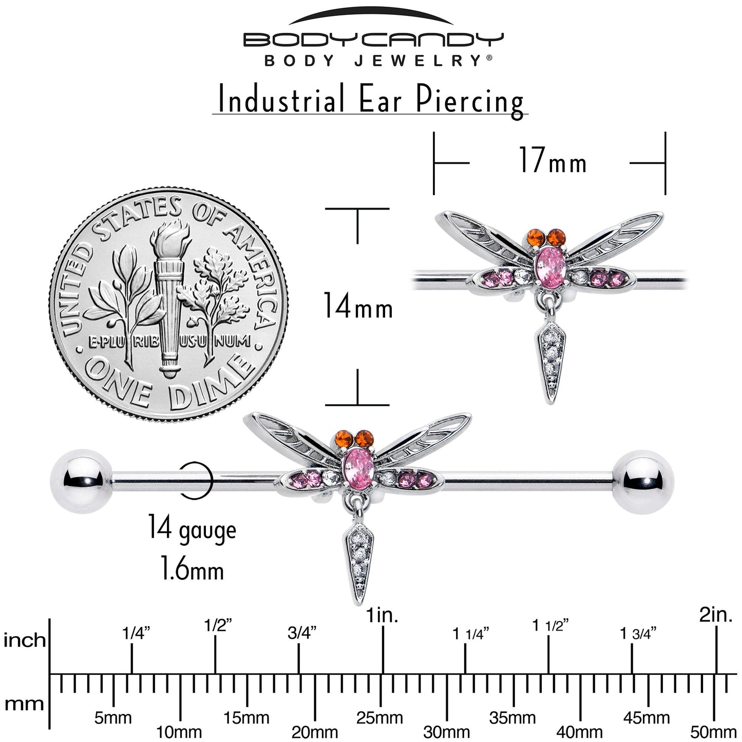 14G Pink Orange Gem Swank Dragonfly Dangle Industrial Barbell 38mm