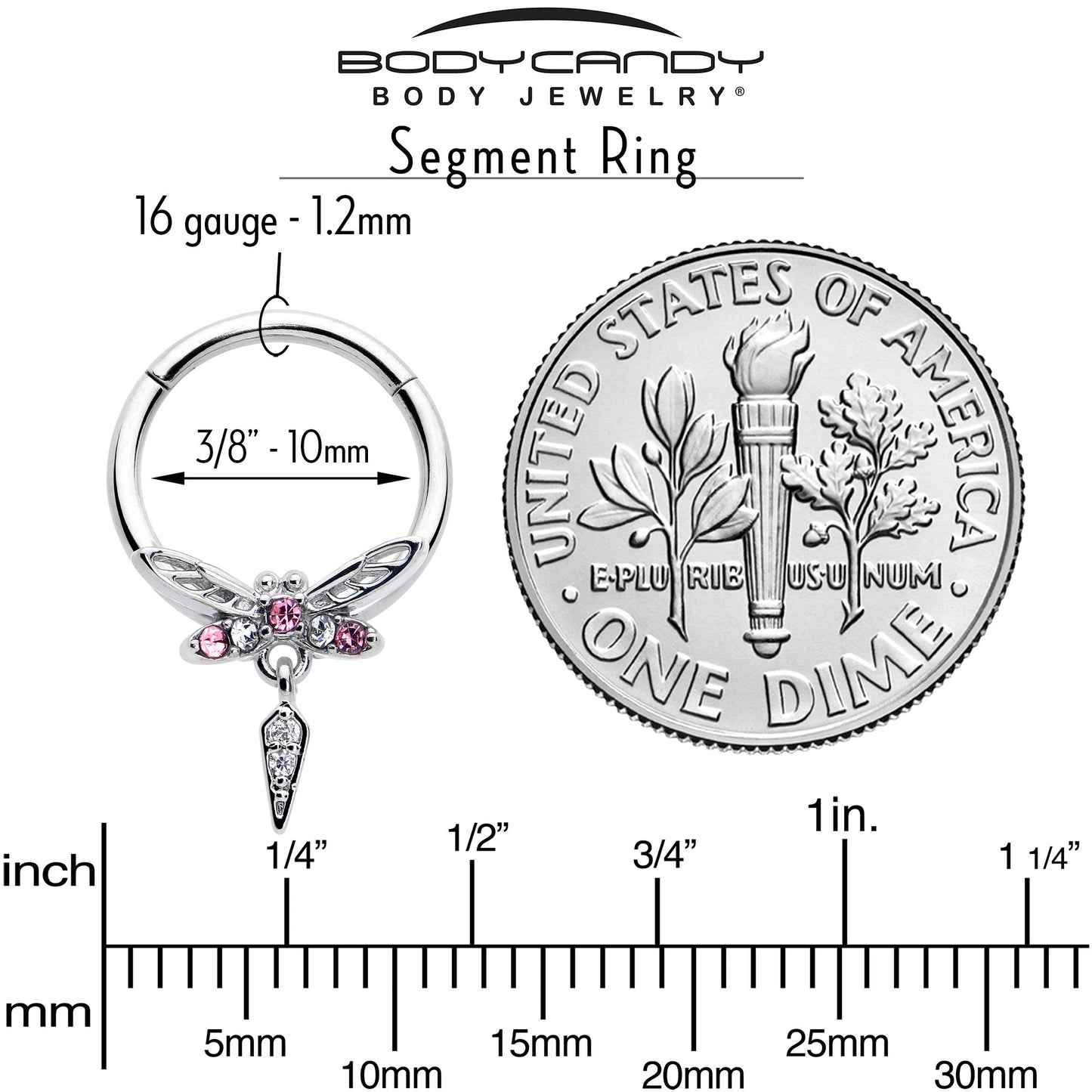 16G 3/8 Pink Gem Swank Dragonfly Dangle Hinged Segment Ring