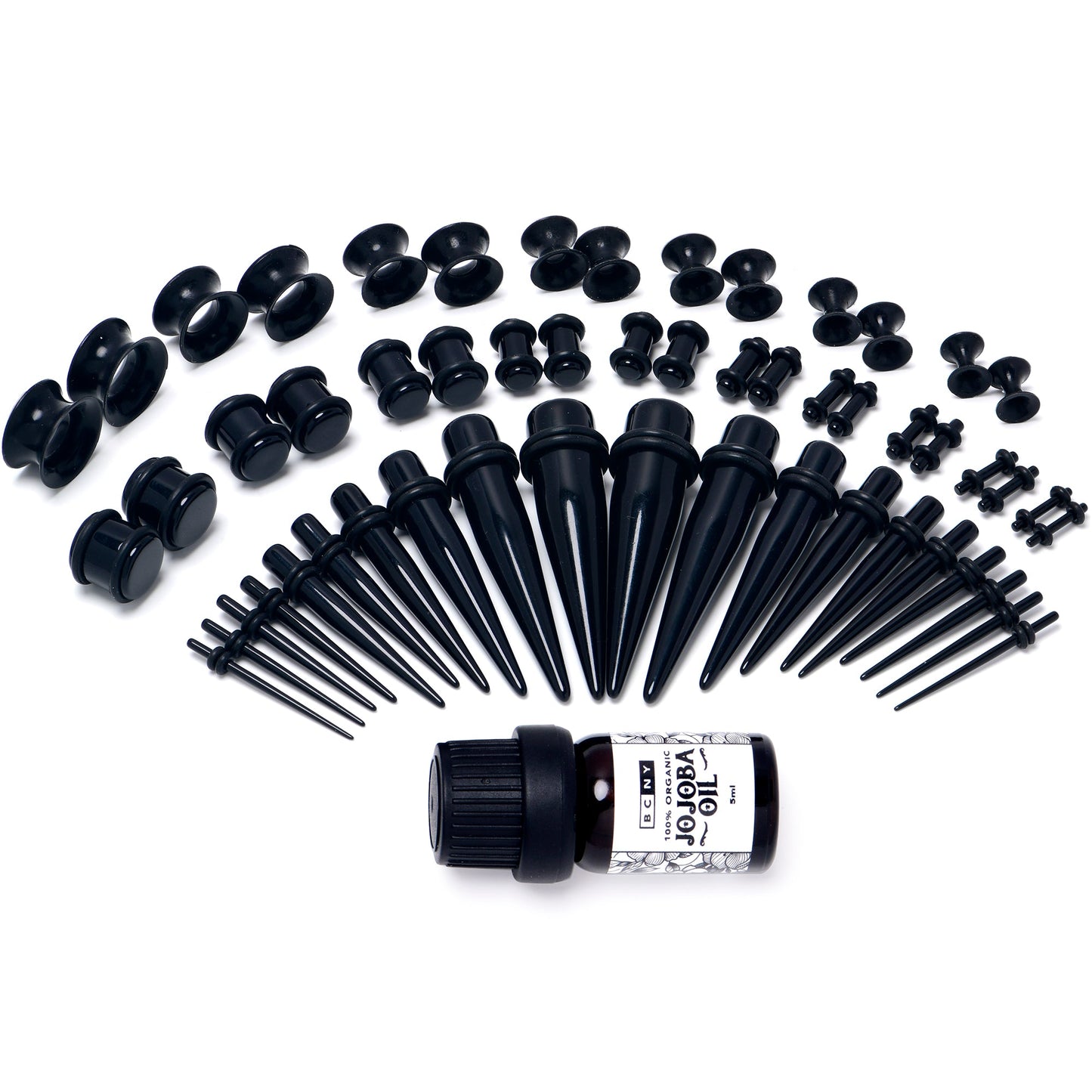 14G to 1/2 Black Acrylic 54 Piece Ear Stretching Kit with Jojoba Oil