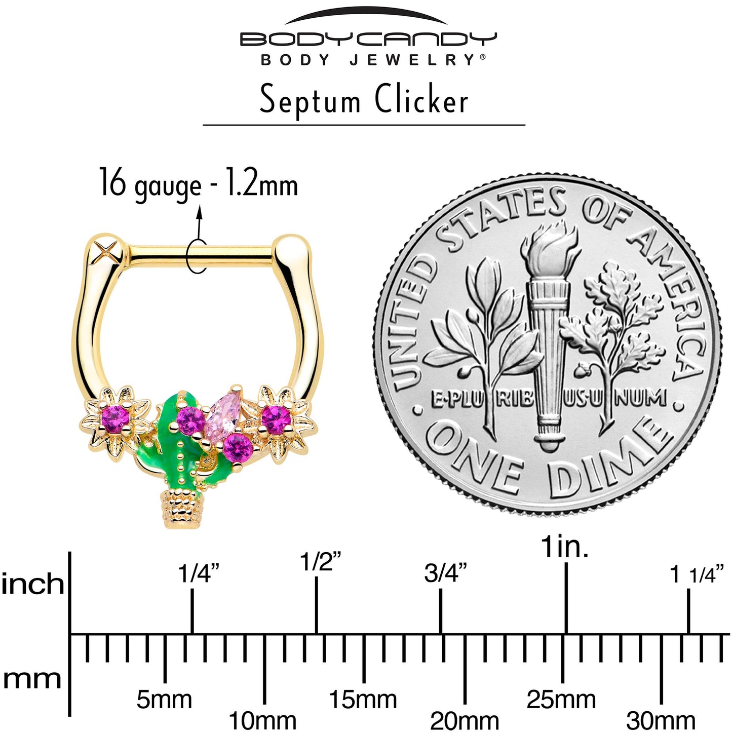 16G 5/16 Pink CZ Gem Gold Tone Floral Cactus Cartilage Clicker