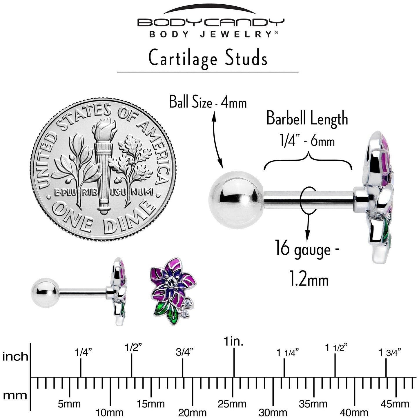 16G 1/4 Clear CZ Gem Flower Purple Cartilage Tragus Earring