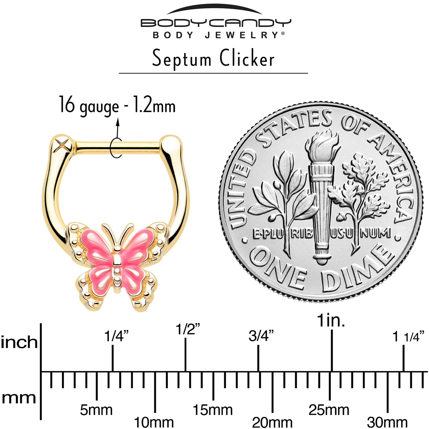 16G 5/16 Gold Tone Butterfly Pink Splash Cartilage Clicker