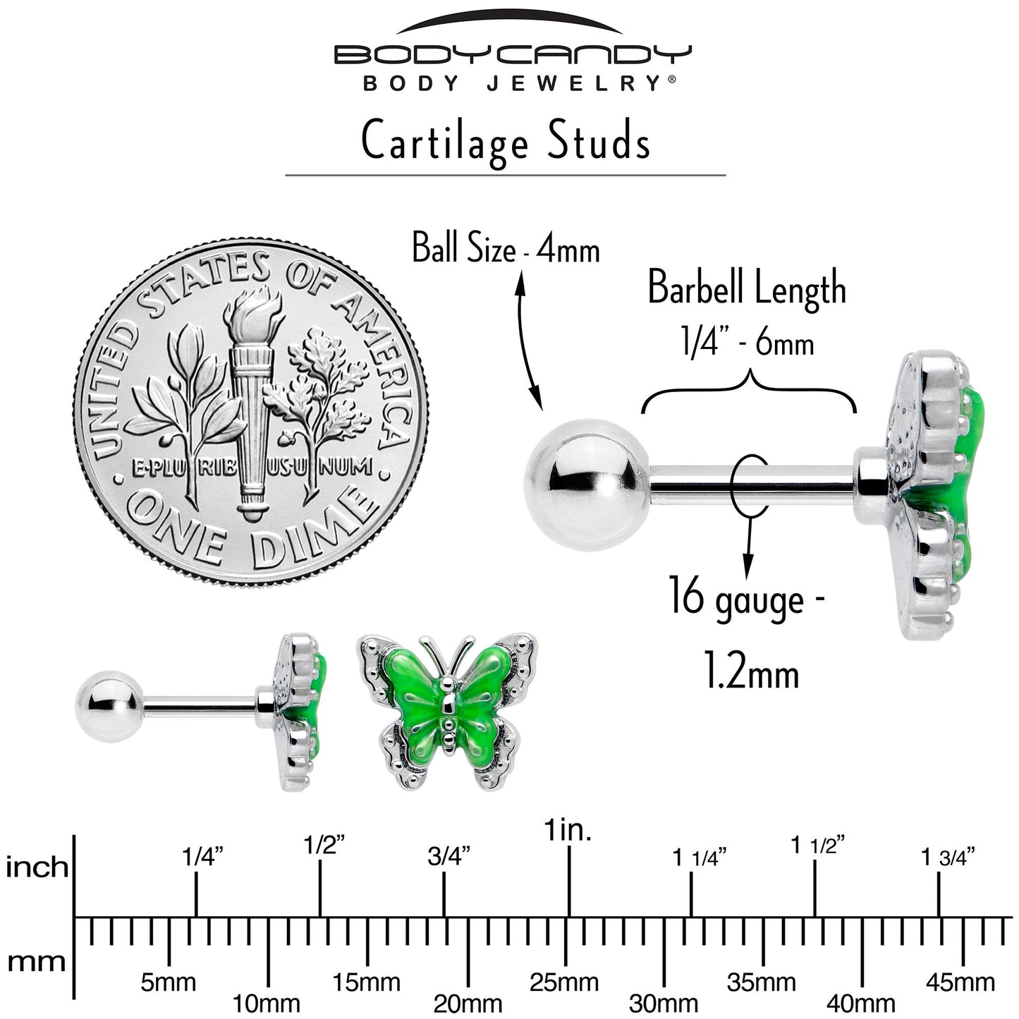 16G 1/4 Butterfly Green Splash Cartilage Tragus Earring