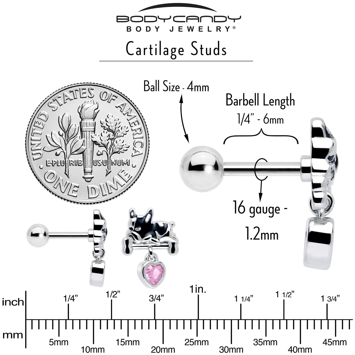 16G 1/4 Pink CZ Gem Sleepy French Bulldog Dangle Cartilage Earring